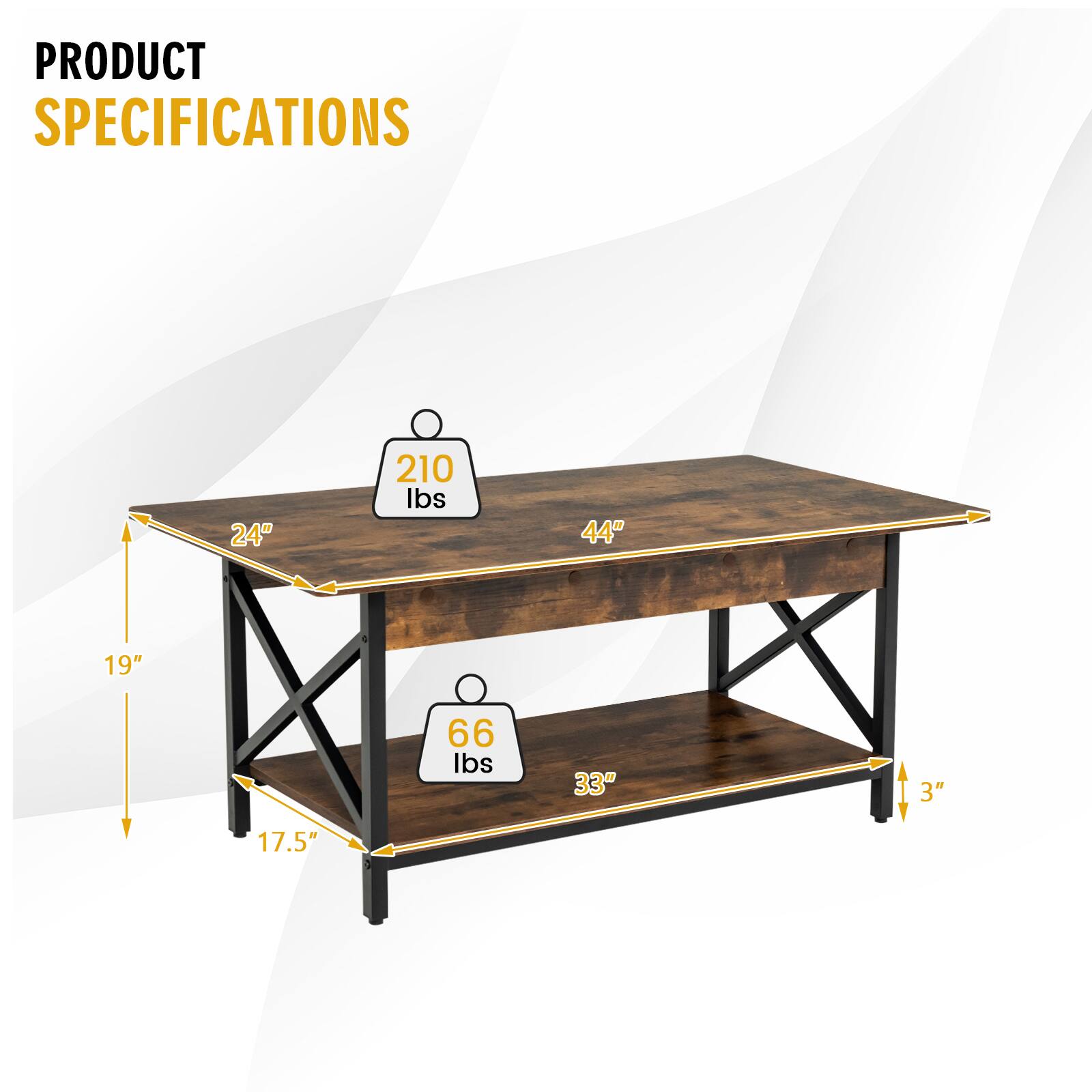 Product Specifications:
- 24" table: 210 lbs
- 44" table: 44" 19" 66 lbs
- 33" table: 33" 3" 17.5"
