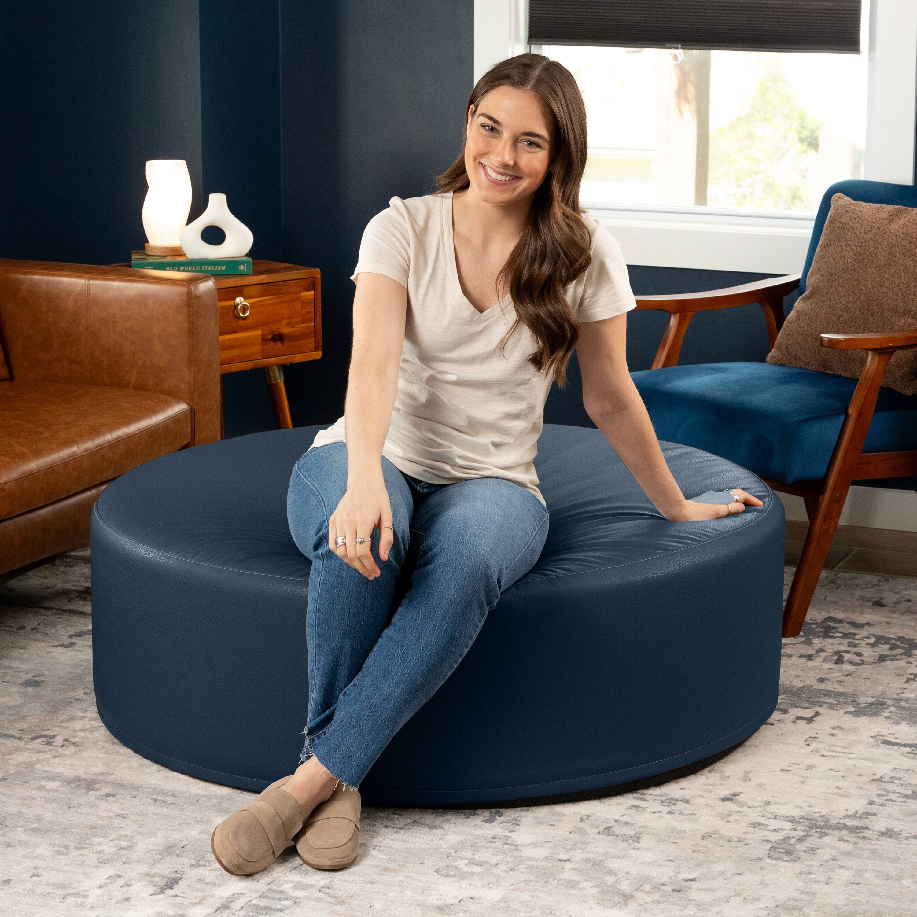 Left. Jaxx - Jaxx Candler Round Couch Oversized Giant Coffee Table Ottoman 44”, Oxford Blue - Faux Leather Oxford Blue.