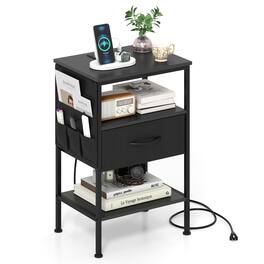 Costway - 1 PCS Nightstand with Charging Station, 24.5" Modern Bedside Table with Fabric Drawer - Black