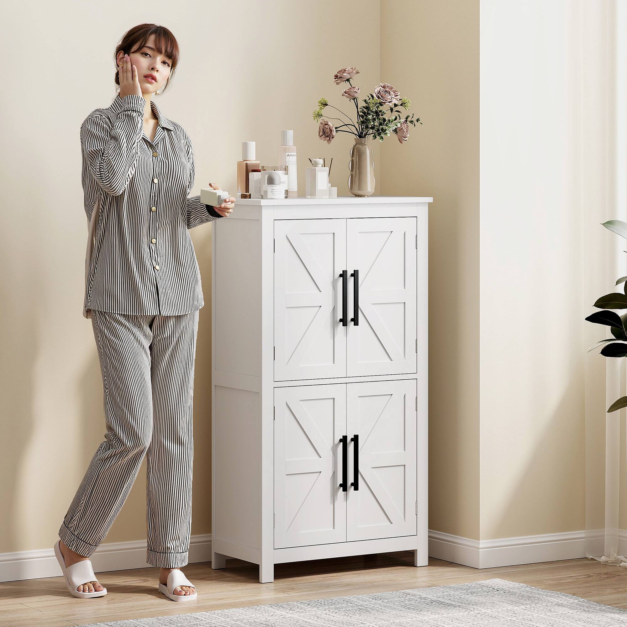 Alt View 8. Homcom - Farmhouse Bathroom Storage Cabinet with 4 Barn Doors, Bathroom Floor Cabinet with 2 Adjustable Shelf - White.