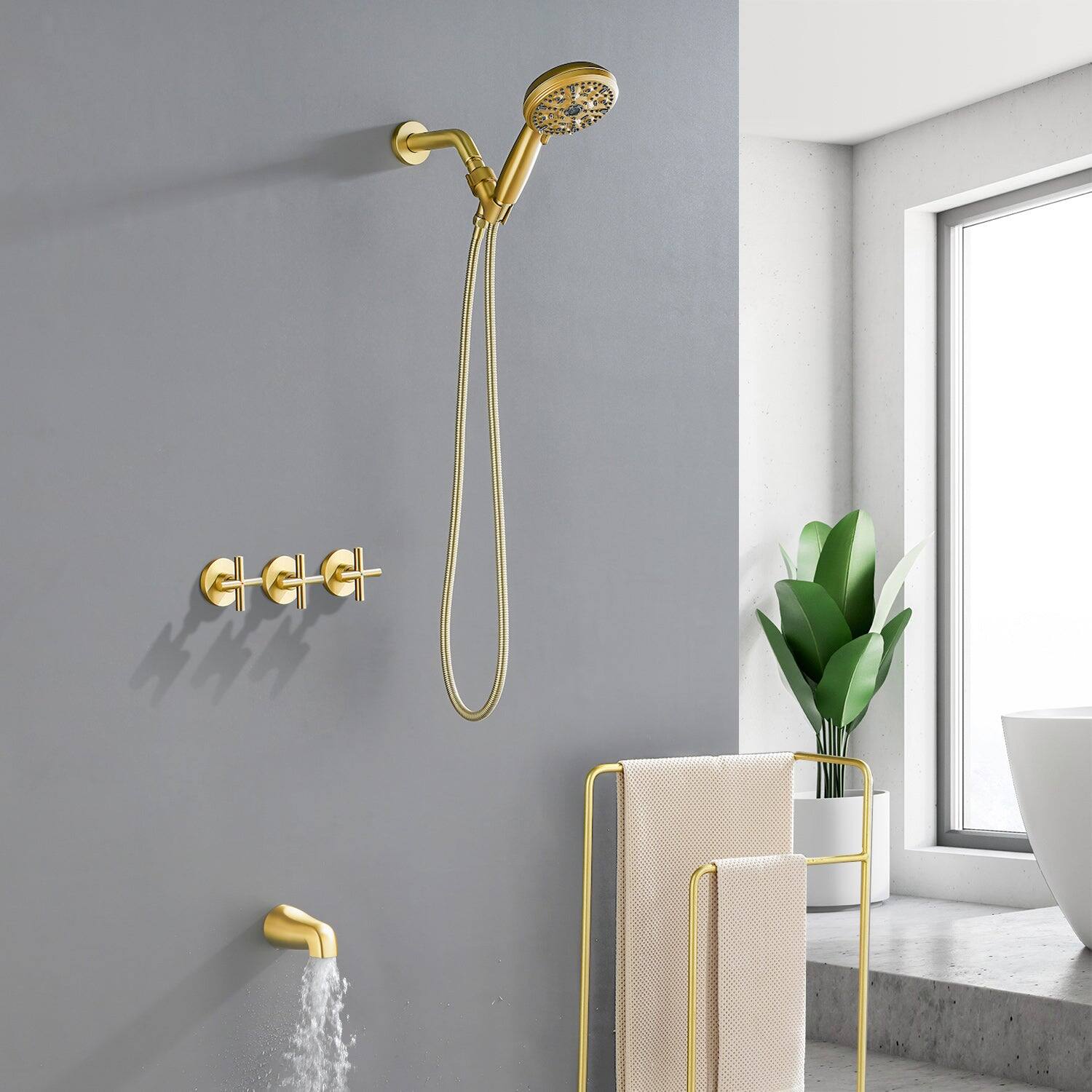 Alt View 4. Boyel Living - Brushed Gold Shower Set with 10 Function ABS Handheld Shower Three Handle Control and High Flow Tub Spout - Brushed Gold.