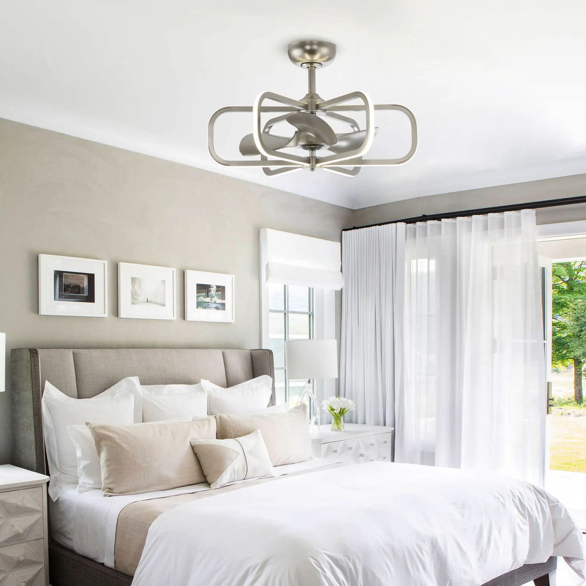 Angle. Parrot Uncle - 30" Modern Nickel LED Ceiling Fan with Lights and Remote Control - Silver.