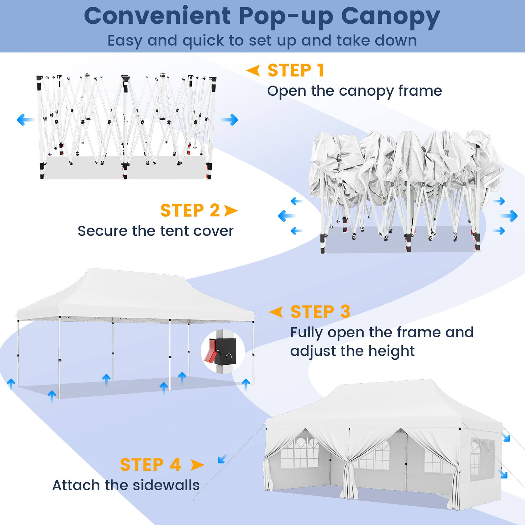 Convenient Pop-up Canopy

Easy and quick to set up and take down

STEP 1: Open the canopy frame

STEP 2: Secure the tent cover

STEP 3: Fully open the frame and adjust the height

STEP 4: Attach the sidewalls