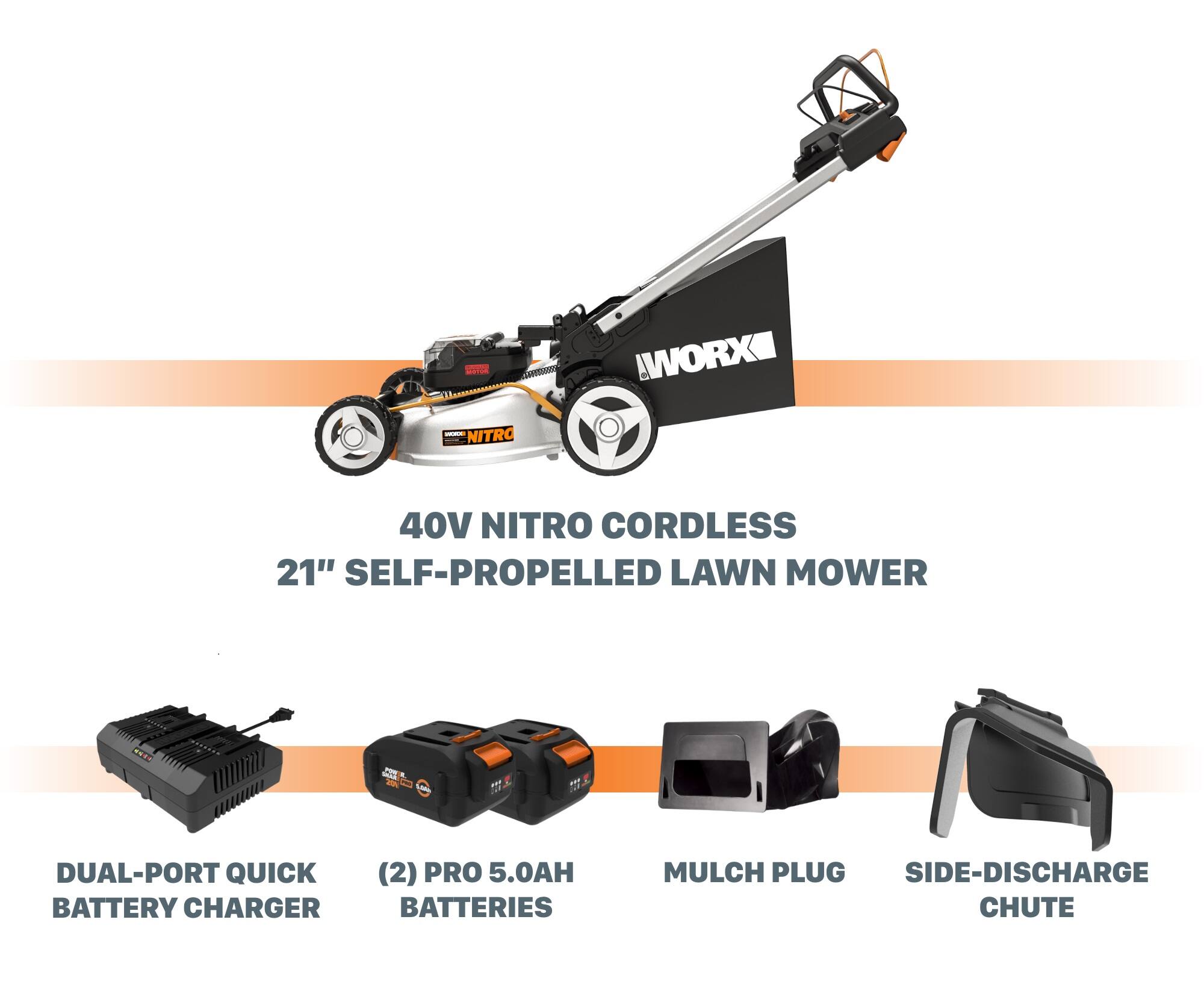 Alt View 22. WORX - Nitro 40V Cordless Self-Propelled Lawn Mower (2 x 5.0 Ah Batteries and 1 x Charger) - Black.