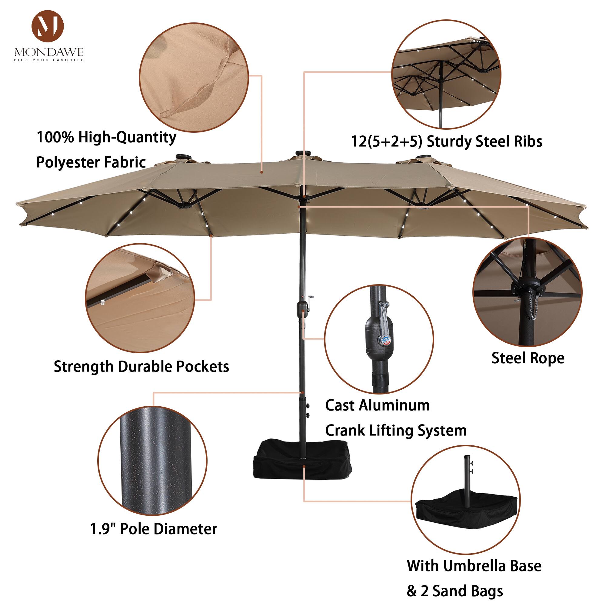 MONDAWE  
PICK YOUR FAVORITE  

100% High-Quantity Polyester Fabric  
12(5+2+5) Sturdy Steel Ribs  
Strength Durable Pockets  
Steel Rope  
Cast Aluminum Crank Lifting System  
1.9" Pole Diameter  
With Umbrella Base & 2 Sand Bags