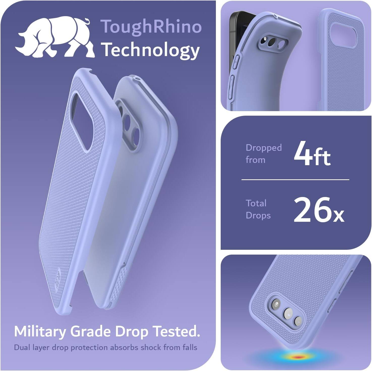 ToughRhino Technology

Dropped from 4ft  
Total Drops 26x

Military Grade Drop Tested.  
Dual layer drop protection absorbs shock from falls