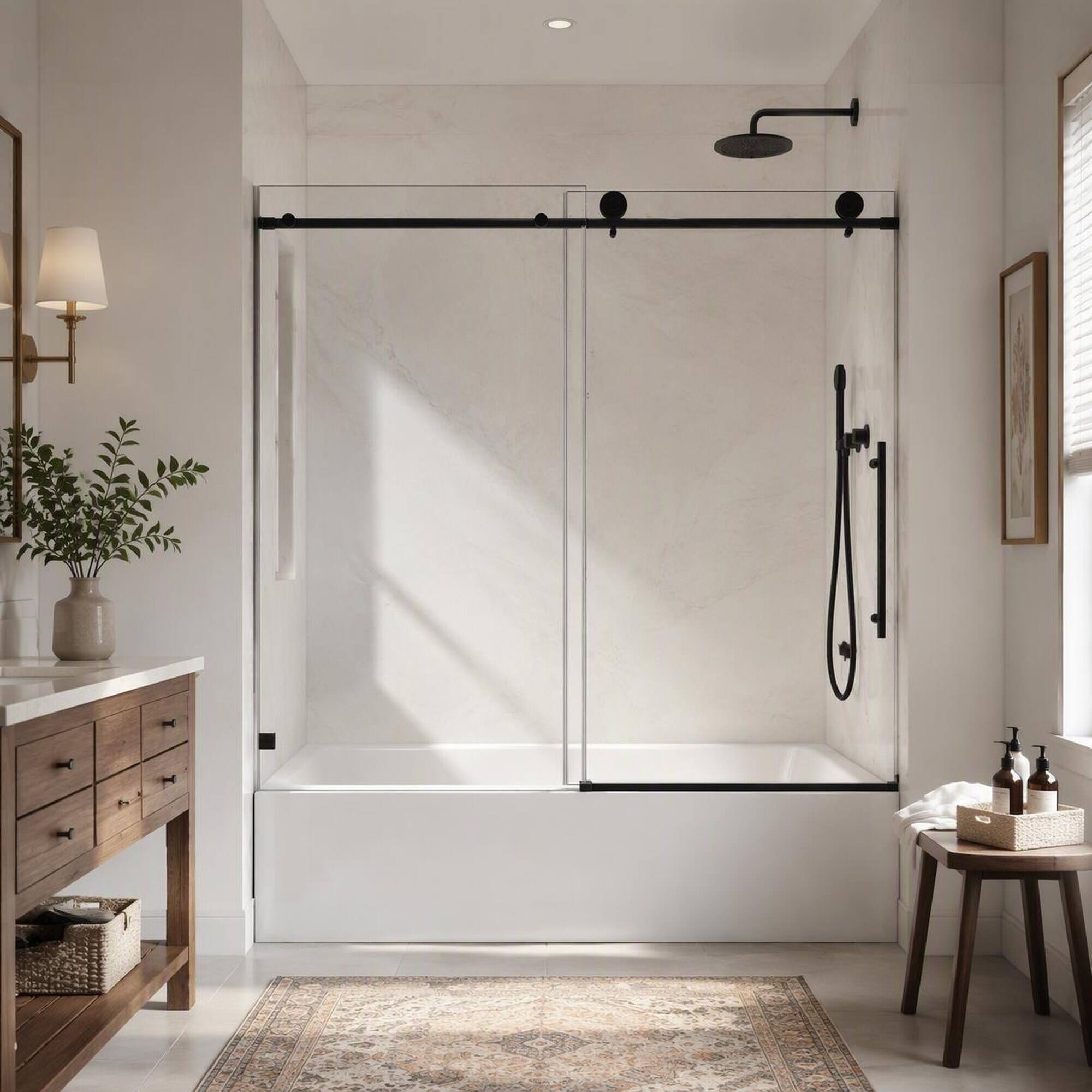 Back. RYHNUYNE - Matte Black Frameless Shower Door With 70mm Steel Pulleys, Soft Close And Nano Easy Clean - Matte Black.