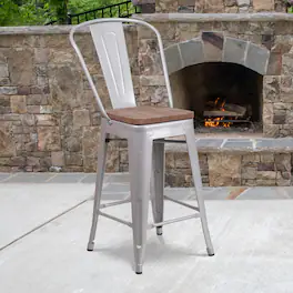 Emma + Oliver - 24"H Metal Counter Height Stool with Back and Square Wood Seat - Silver