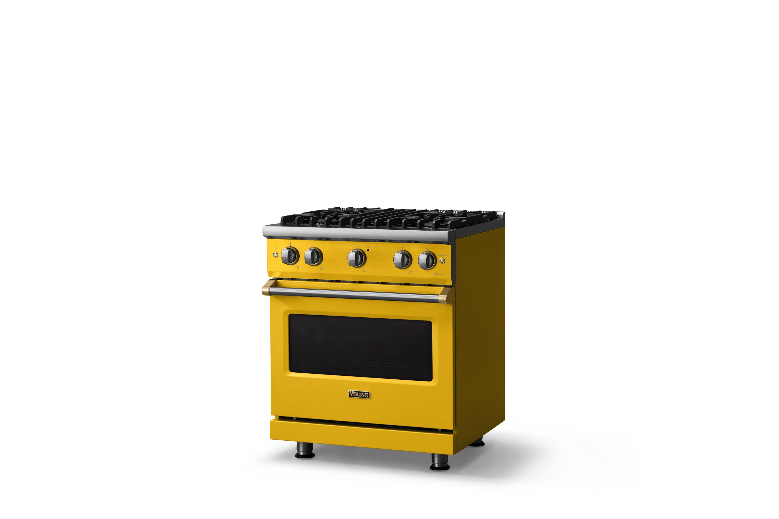 Angle. Viking - 30 in. Wide Pro 5 Series 4.0 Cu. Ft. Freestanding Sealed 4 Burner Gas Convection Range - Daffodil/Brushed Brass - Daffodil.