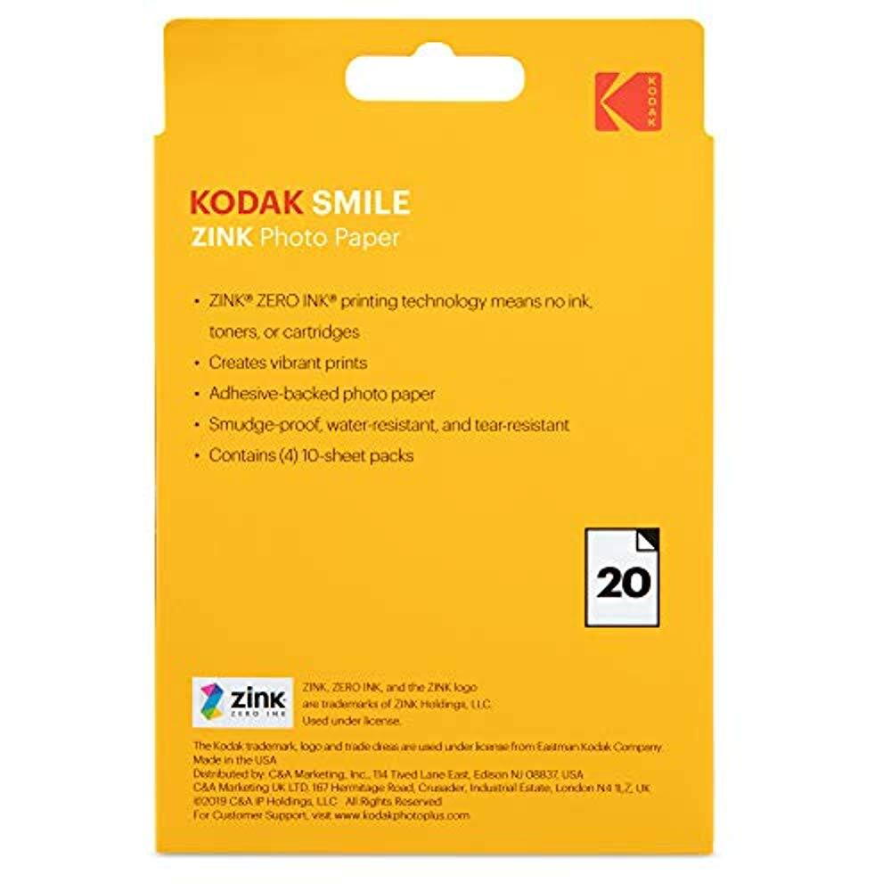 KODAK SMILE  
ZINK Photo Paper  

- ZINK ZERO INK printing technology means no ink, toners, or cartridges  
- Creates vibrant prints  
- Adhesive-backed photo paper  
- Smudge-proof, water-resistant, and tear-resistant  
- Contains (4) 10-sheet packs  

20  

ZINK, ZERO INK, and the ZINK logo are trademarks of ZINK Holdings LLC. Used under license.  
The Kodak trademark, logo, and trade dress are used under license from Eastman Kodak Company.  
Made in the USA.  
Distributed by C&A Marketing Inc., 114 Twived Lane, East Edison, NJ 08837, USA.  
C&A Marketing LTD, 167 Heritage Road, Crunador Industrial Estate, London N4 7Z8, UK.  
©2019 C&A P Holdings LLC. All Rights Reserved.  
For Customer Support, visit www.kodakphotoplus.com
