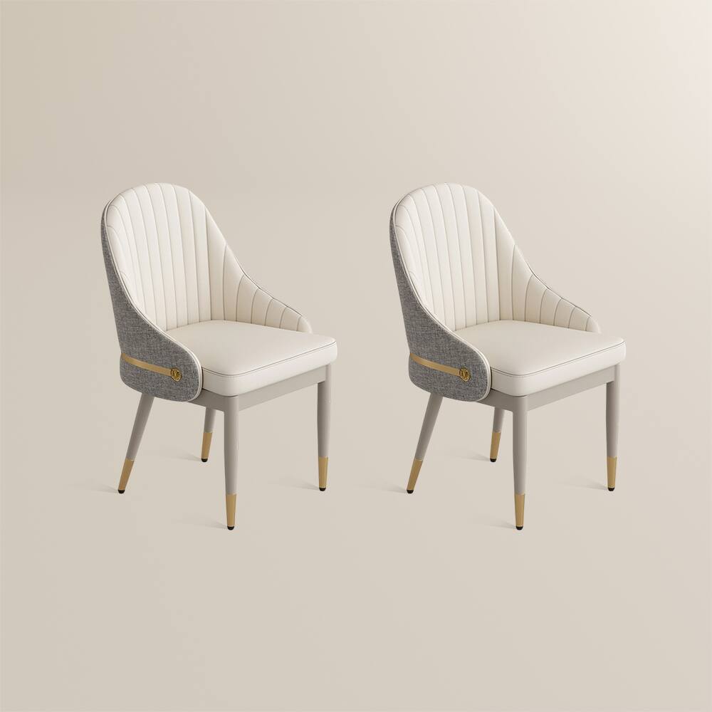 Alt View 6. POVISON - Modern Luxury Two-Tone Upholstered Dining Chairs Set of 2, Cotton Linen & Leather Side Chairs, Beige & Gray - Beige & Gray.