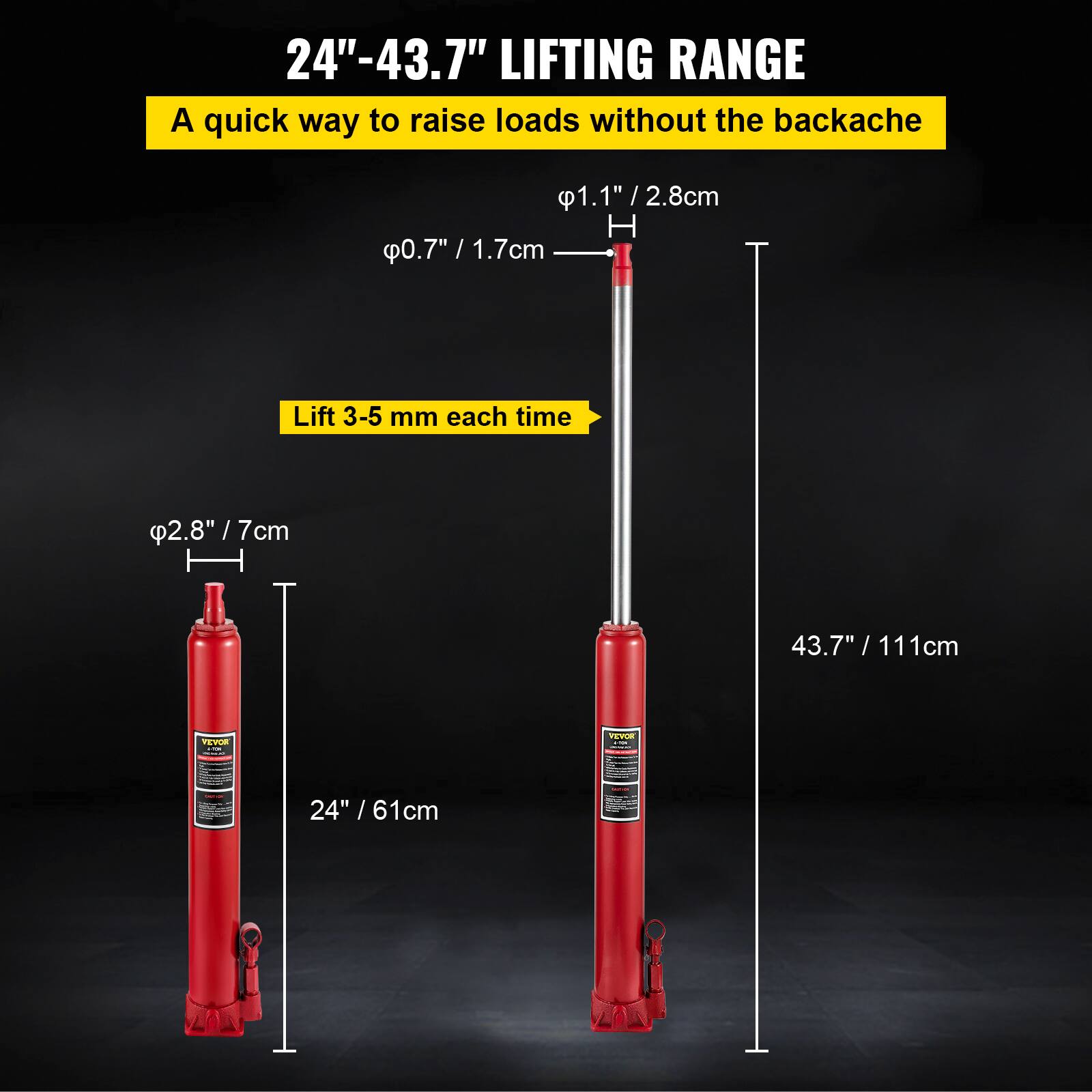 24"-43.7" LIFTING RANGE  
A quick way to raise loads without the backache  

1.1" / 2.8cm  
0.7" / 1.7cm  

Lift 3-5 mm each time  

2.8" / 7cm  

43.7" / 111cm  

24" / 61cm