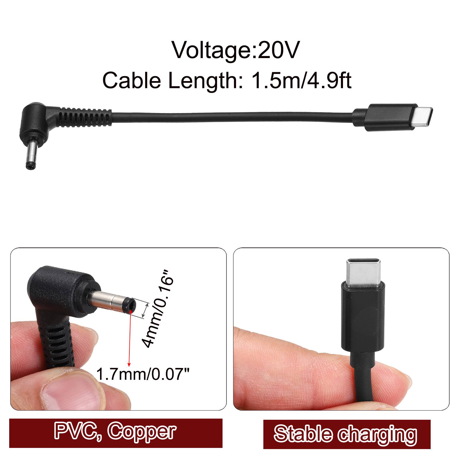 Voltage: 20V  
Cable Length: 1.5m/4.9ft  

16"  
4mm/0.16"  
1.7mm/0.07"  

PVC, Copper  
Stable charging