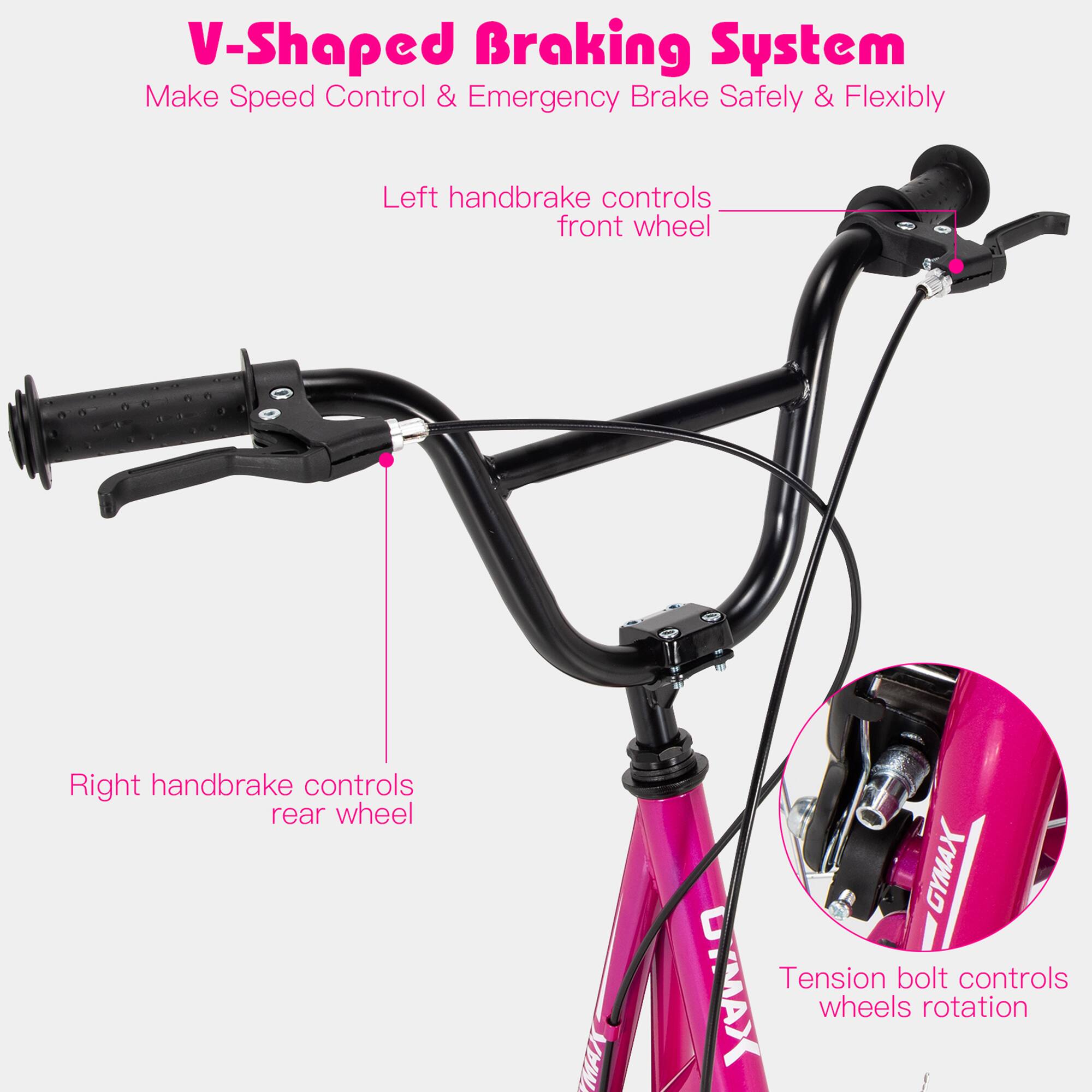 V-Shaped Braking System  
Make Speed Control & Emergency Brake Safely & Flexibly  

Left handbrake controls front wheel  
Right handbrake controls rear wheel  
Tension bolt controls wheels rotation