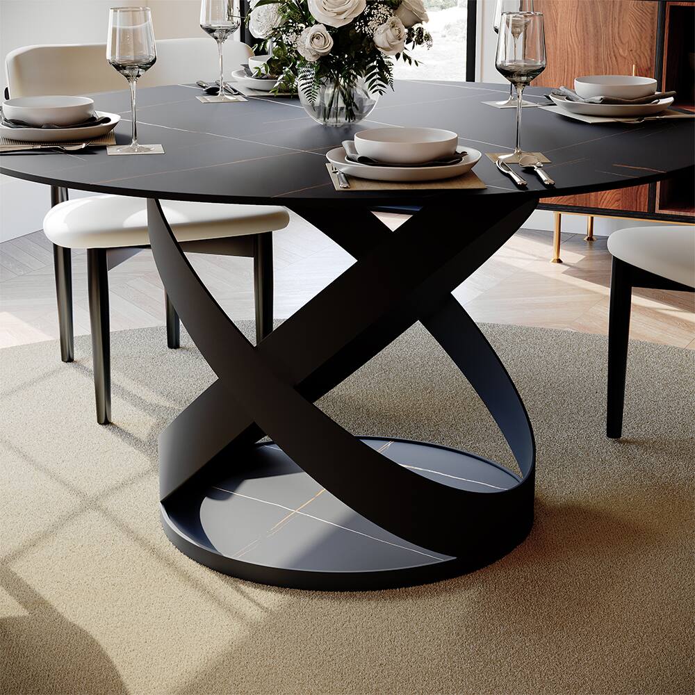 Alt View 2. POVISON - 51" Modern Black Round Dining Table for 4, Matte Sintered Stone Tabletop with Black X Carbon Steel Base - Black Matte Sintered Stone with Black.