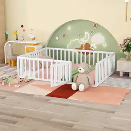 Whisen - Wood Daybed Frame, Montessori Floor Bed with Fence and Door - White