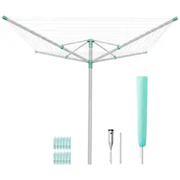 Songmics Home - Umbrella Clothesline, Height-Adjustable Clothes Drying Rack, Outdoor Aluminum, with Clips, Cover, Ground Anchor - Silver and Green