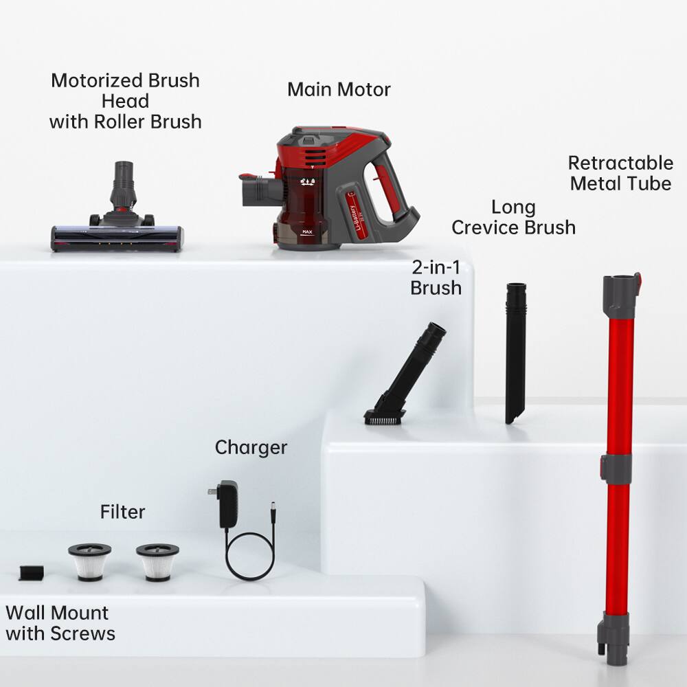- Motorized Brush Head with Roller Brush
- Main Motor
- Retractable Metal Tube
- Long Crevice Brush
- 2-in-1 Brush
- Charger
- Filter
- Wall Mount with Screws