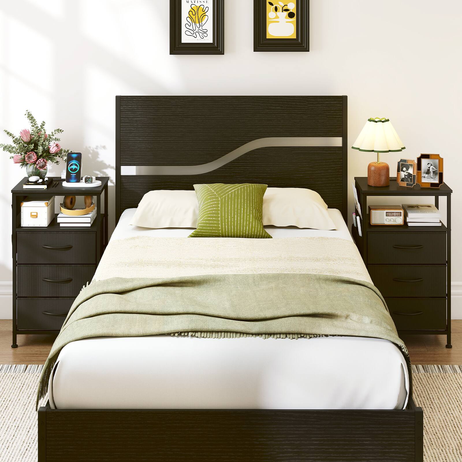 Alt View 4. Costway - Costway 2 PCS Nightstand with Charging Station, 3 Fabric Drawers, Open Shelf & Side Pocket - Black.
