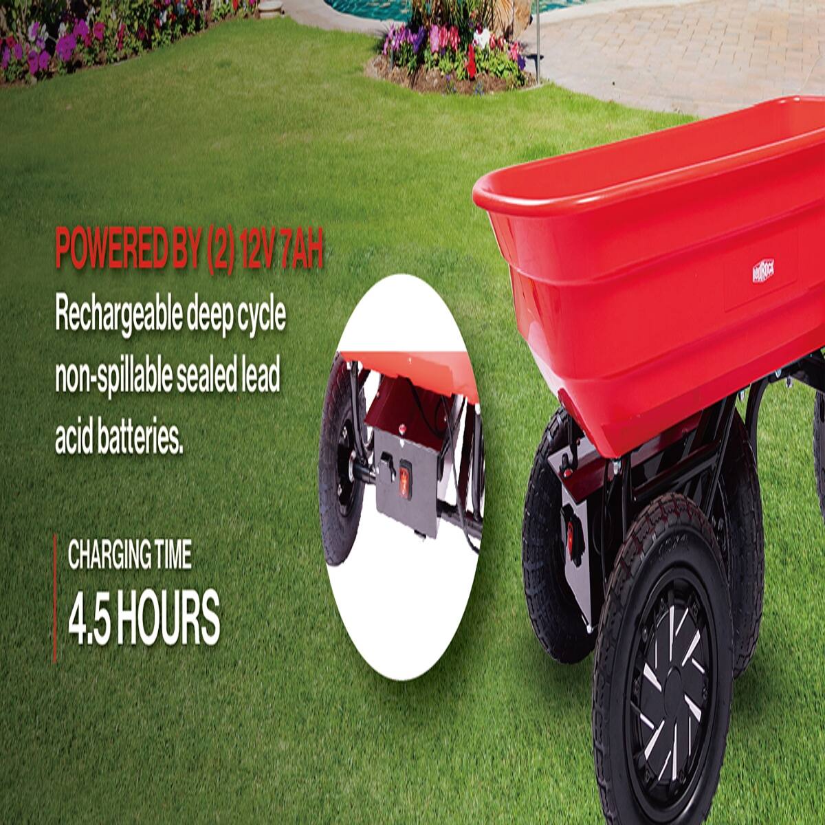 POWERED BY (2) 12V 7AH Rechargeable deep cycle non-spillable sealed lead acid batteries.  
CHARGING TIME 4.5 HOURS