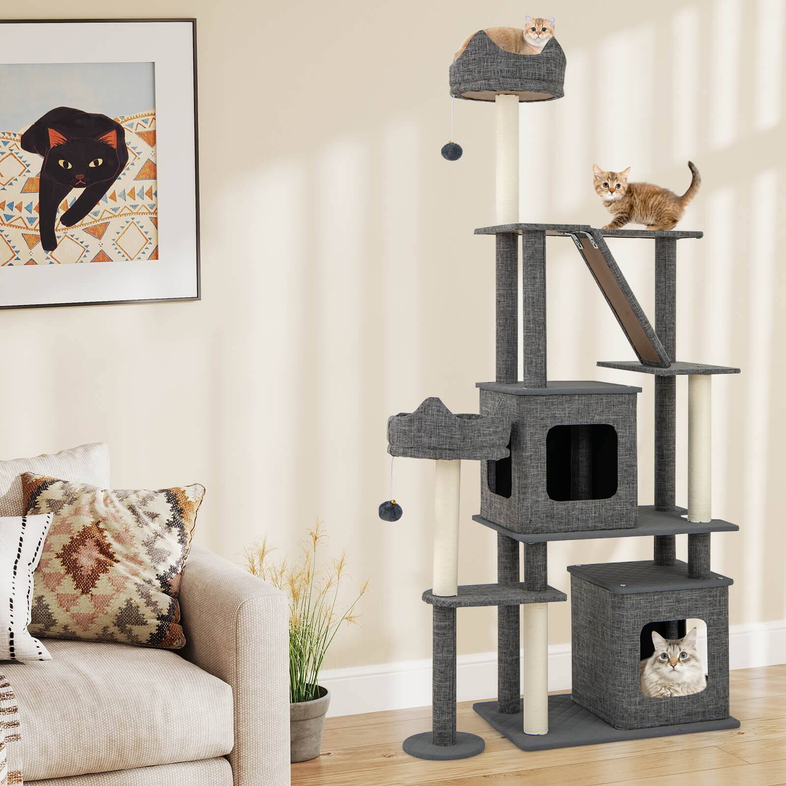 Alt View 4. Costway - Costway 71" Tall Cat Tree Multi-Level Large Cat Tower w/ Scratching Posts for Indoor Adult Cats & Kittens - Gray.
