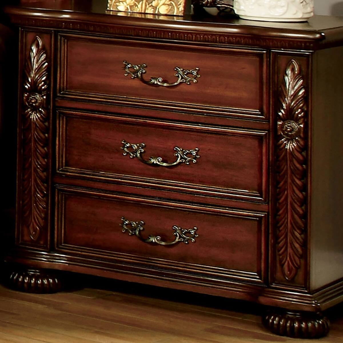 Back. Loheer - Loheer Solid Wood Nightstand Brown Cherry Three Drawer Bedside Table - Brown.