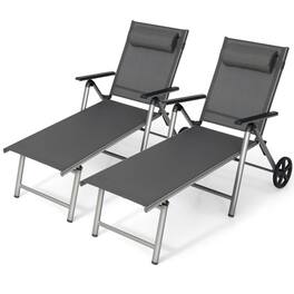 Costway - 2 PCS Folding Chaise Lounge Chair Aluminum Recliner Back Adjust Wheels - Black