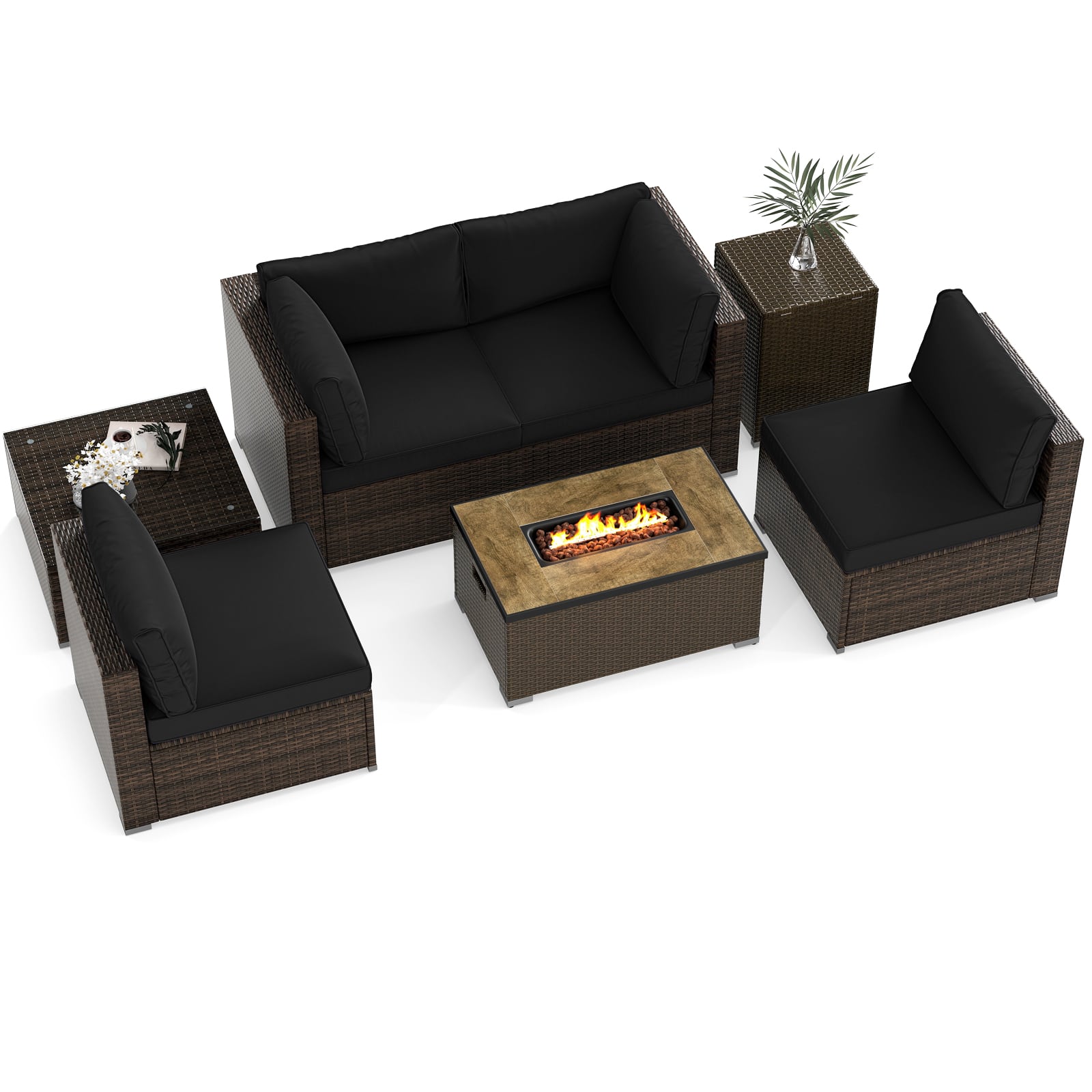 Gymax - Set Of 7 Furniture Set w/32'' Fire Pit Table & Propane Tank Cover Outdoor - Black