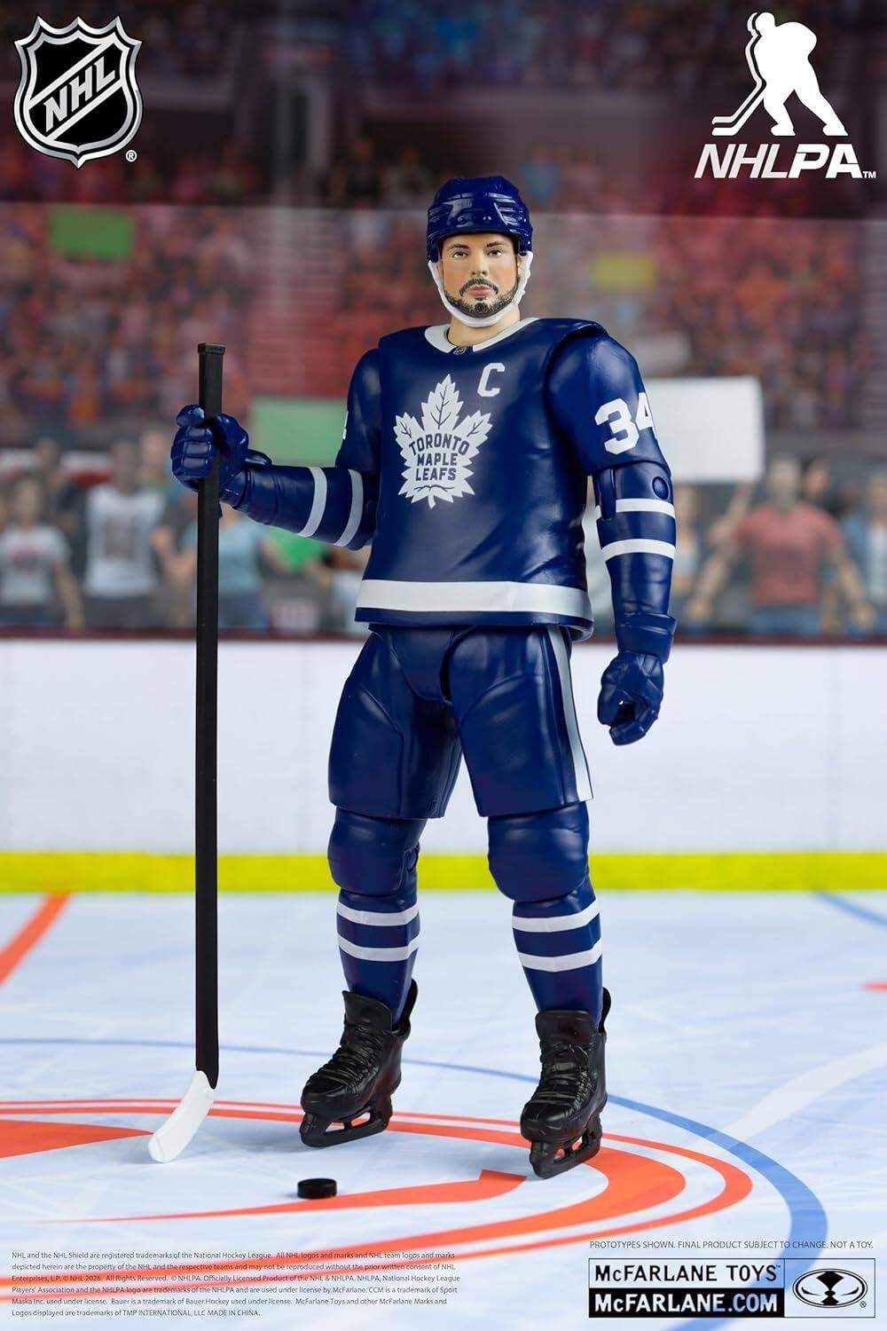 NHL  
NHLPA  
TORONTO MAPLE LEAFS  
34  
SFE and the NHL Shield are registered trademarks of the National Hockey League depicted herein and the property of the NHL. Produced with the cooperation of NHL Enterprises, L.P. © NHL 2023. All Rights Reserved. NHL and NHLPA National Hockey League Players Association and logo trademarks and used under license. Bauer is a trademark of Bauer Hockey used under license. McFarlane Toys and other McFarlane Marks and Logos displayed are trademarks of McFarlane Toys, LLC. Made in China.  
PROTOTYPES SHOWN. FINAL PRODUCT SUBJECT TO CHANGE. NOT A TOY.  
McFARLANE TOYS  
McFARLANE.COM