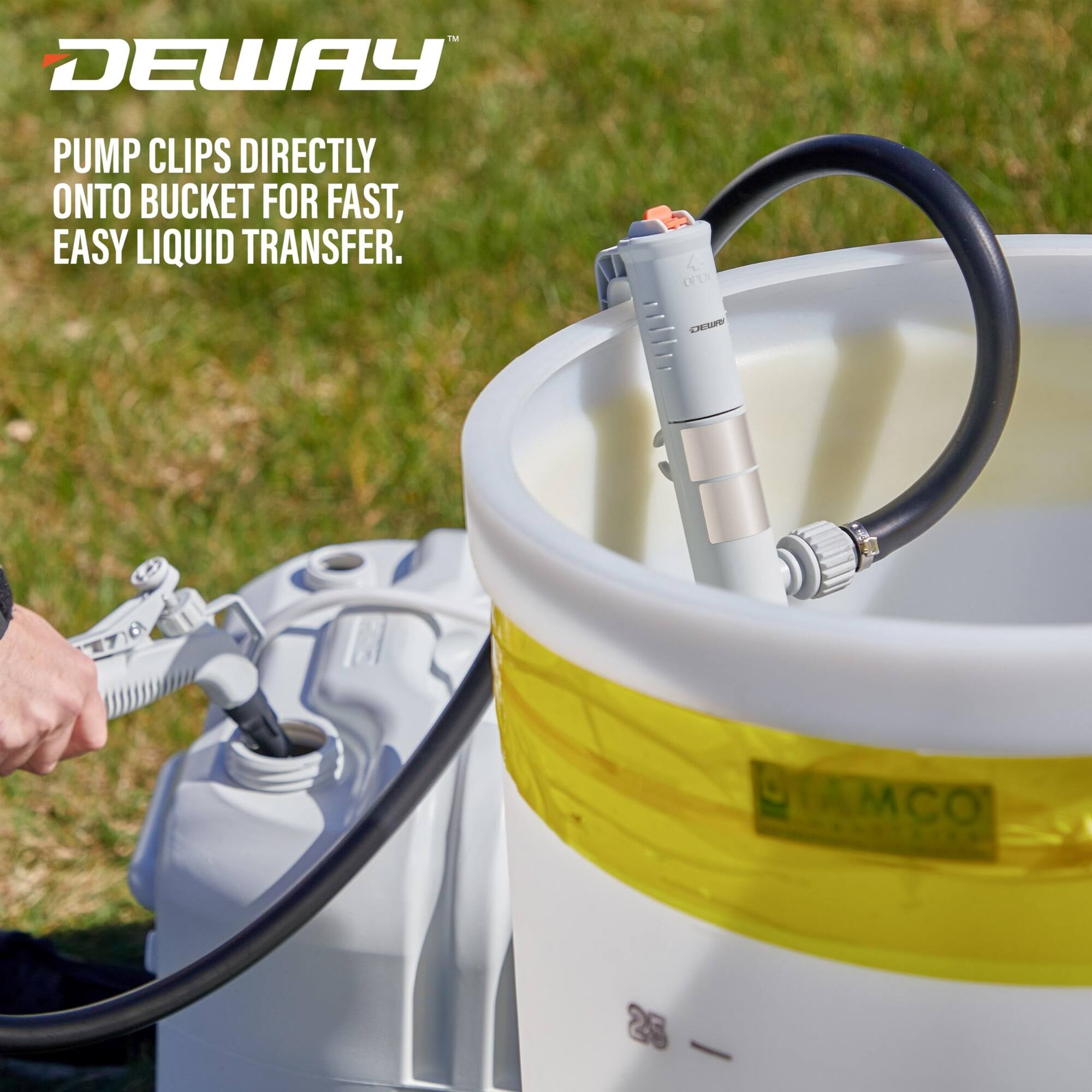 DEWAY PUMP CLIPS DIRECTLY ONTO BUCKET FOR FAST, EASY LIQUID TRANSFER.