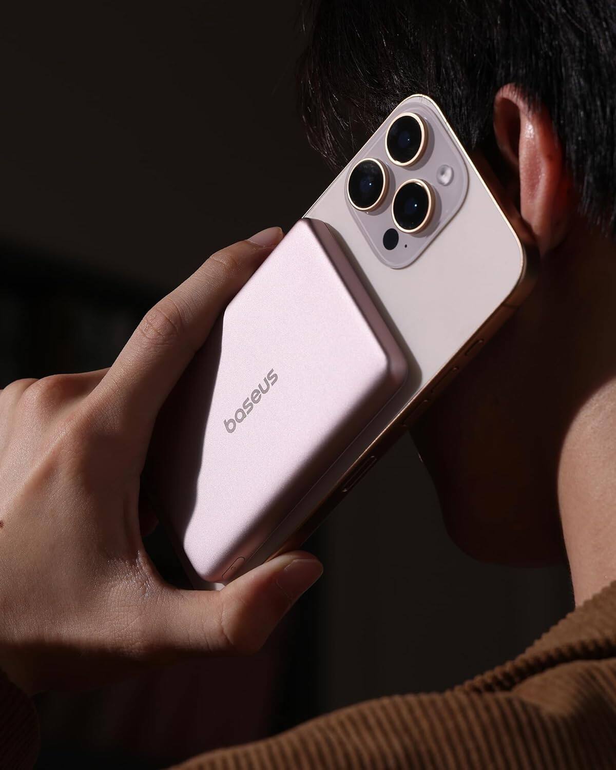 Alt View 3. Baseus - Baseus Picogo 5000mAh Ultra-Slim MagSafe Power Bank, Card-Size Wireless Charger with USB-C Braided Cable,Pink - Pink.