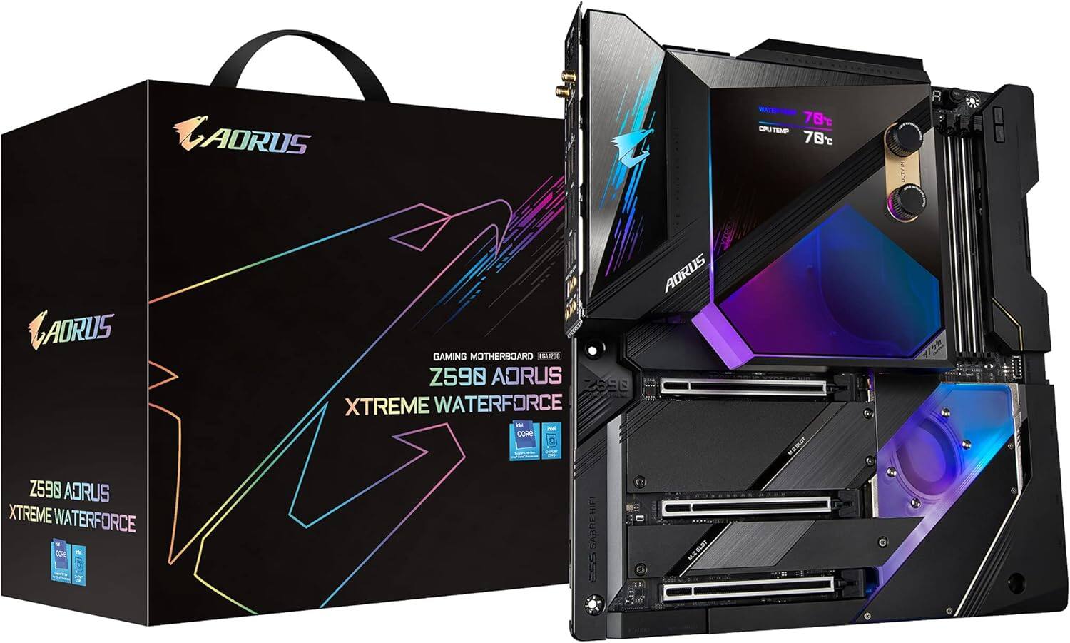 AORUS Z590 AORUS XTREME WATERFORCE  
GAMING MOTHERBOARD  
Z590 AORUS XTREME WATERFORCE  
CPU TEMP 78°C  
WATER TEMP 78°C  
ESS SABREHIFI  
Core  
Intel