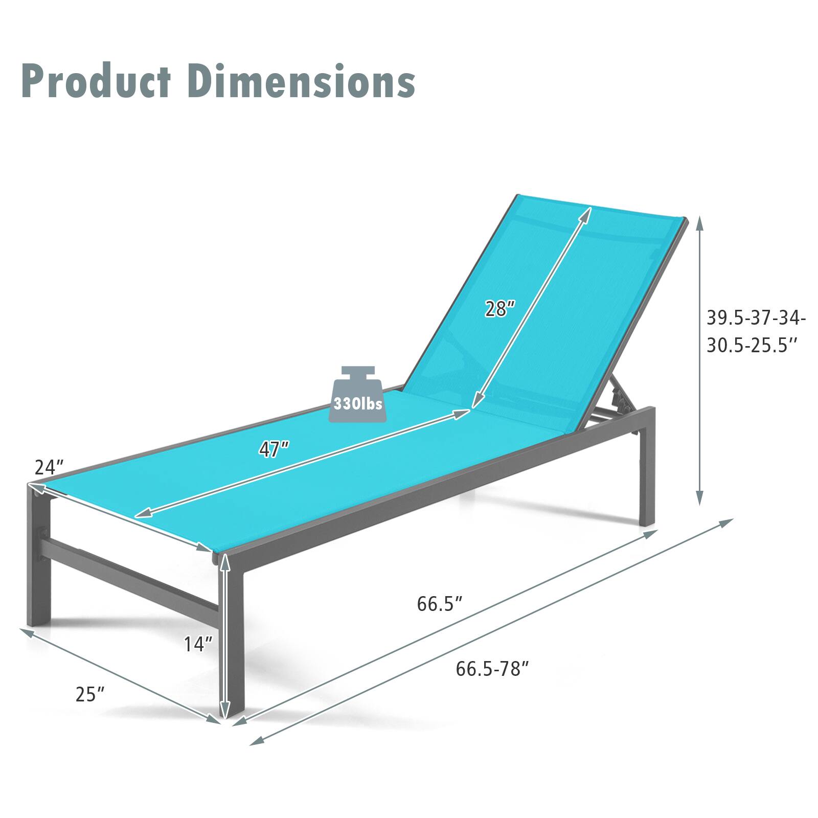 Product Dimensions:  
28" x 39.5-37-34-30.5-25.5"  
330lbs  
24" x 47"  
66.5"  
25" x 14"  
66.5-78"