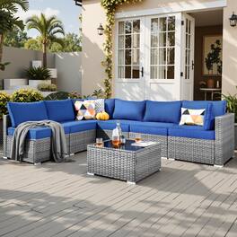 Ovios - 7 PCS Patio Furniture Outdoor Sofa Sets with Wicker, Cushions and Coffee Table for Garden, Backyard and Balcony - Navy Blue