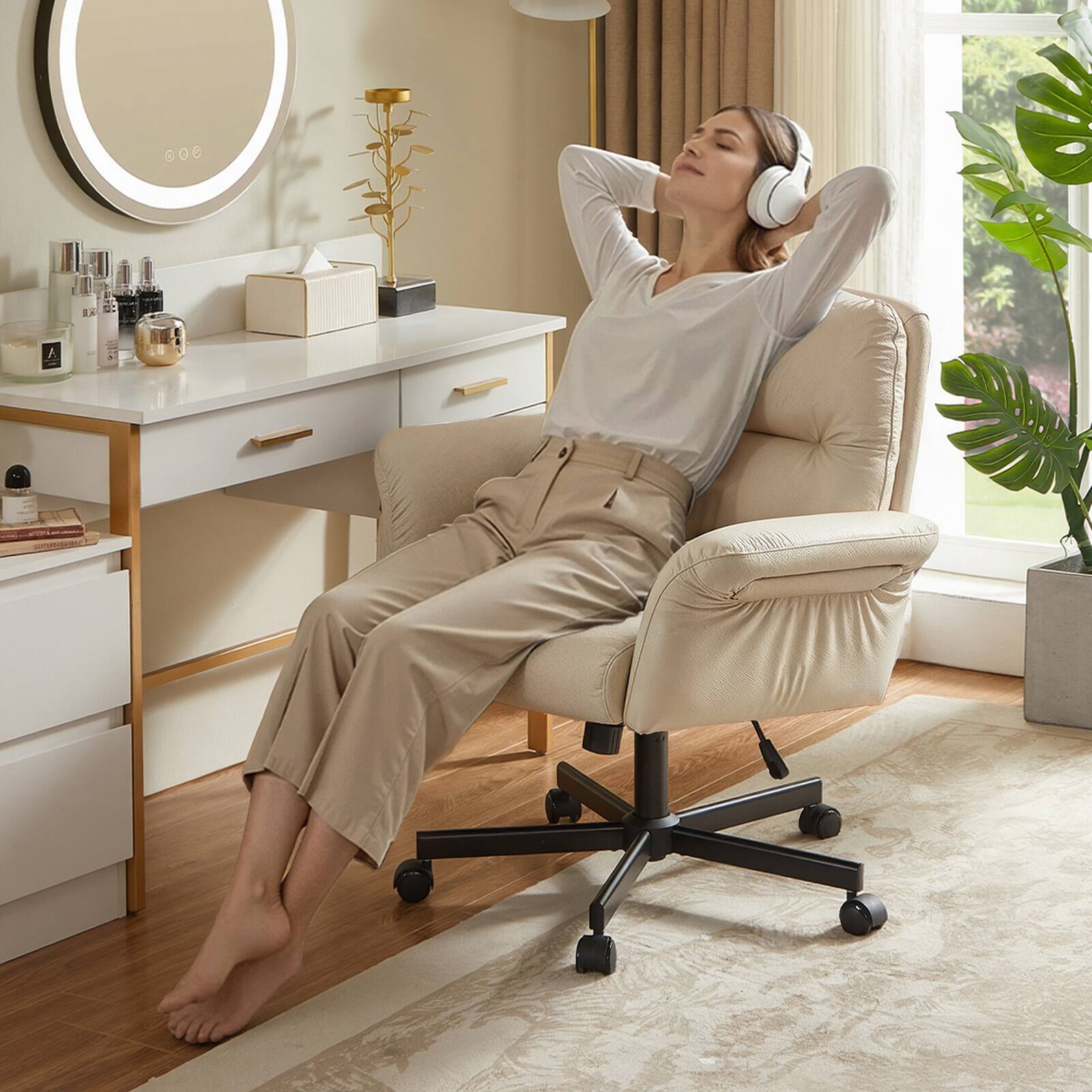 Alt View 2. Bestier - Ergonomic Cross-Legged Office Chair with Flip-Up Arms, Swivel Wheels & Adjustable Backrest for Computer Office Desk - Off-White PU Leather.
