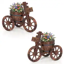 Costway - 2 PCS Rustic Wood Tricycle Planter with Barrel Pot & Storage Box for Patio Garden - Coffee