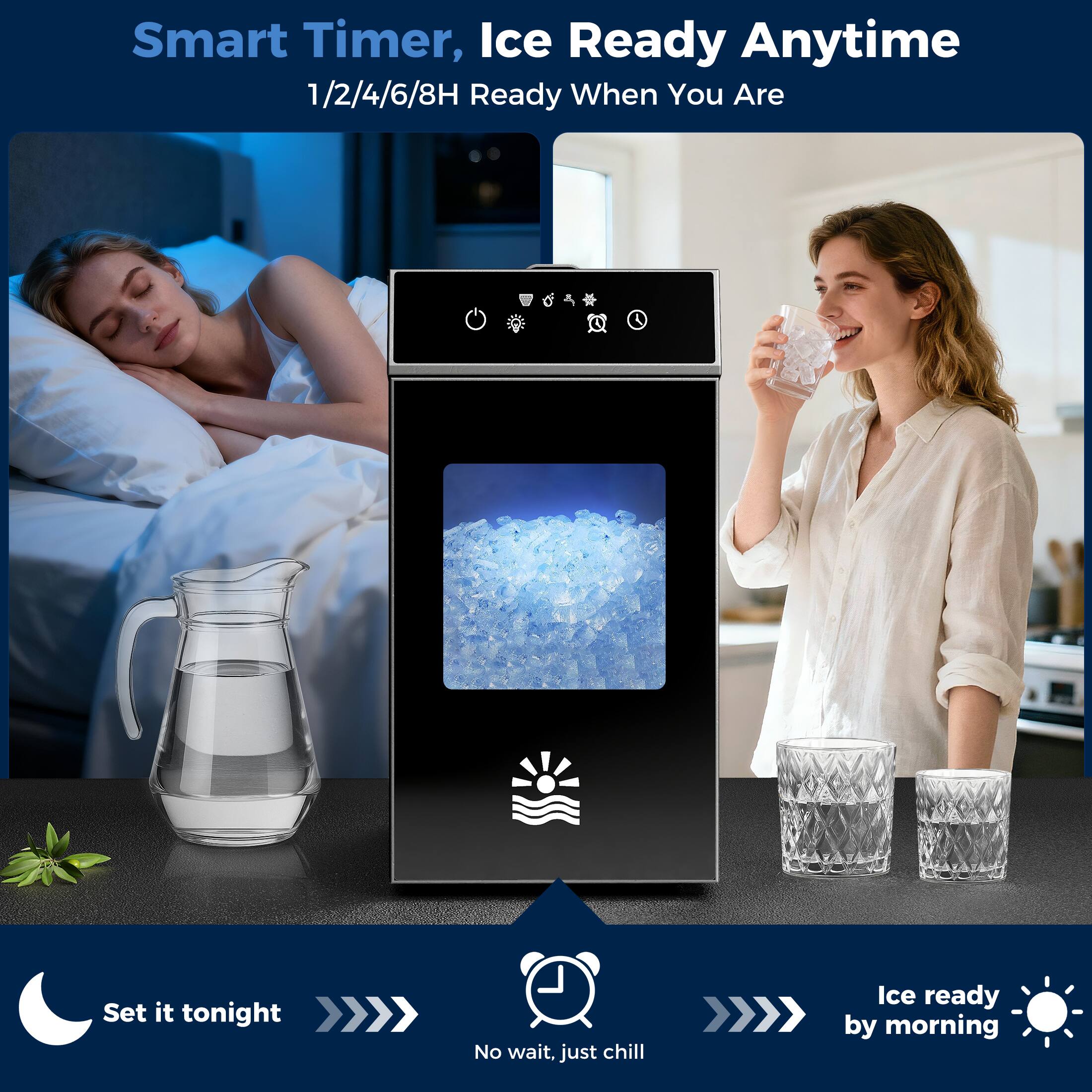 Smart Timer, Ice Ready Anytime  
1/2/4/6/8H Ready When You Are  

Set it tonight  
No wait, just chill  
Ice ready by morning