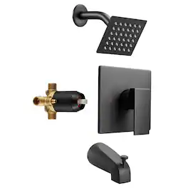 Glintex - Tub and Shower Faucet Set, 4 in Rain Shower Head with Tub Spout, Single Spray, Single Handle with Stainless Valve - Matte Black
