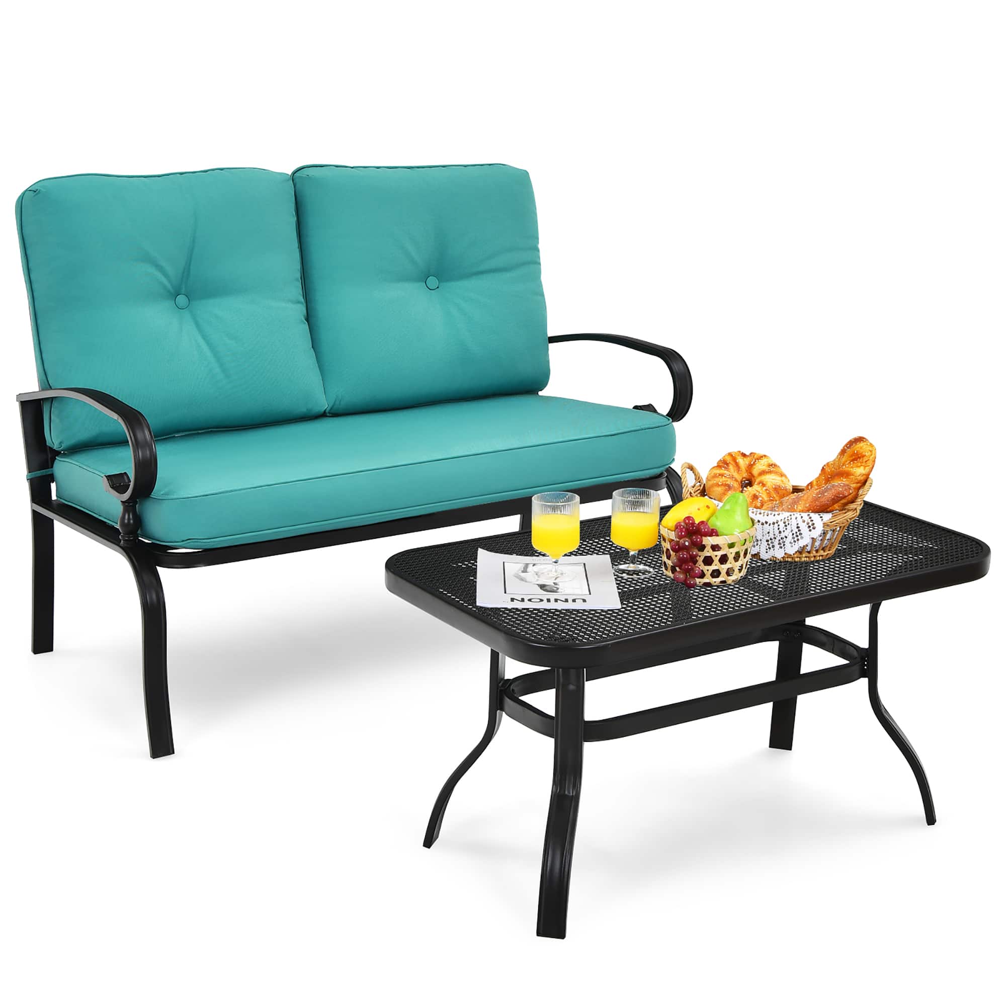 Costway - 2PCS Patio Loveseat Bench Table Furniture Set Cushioned Chair - Turquoise price history on PriceWatchPro