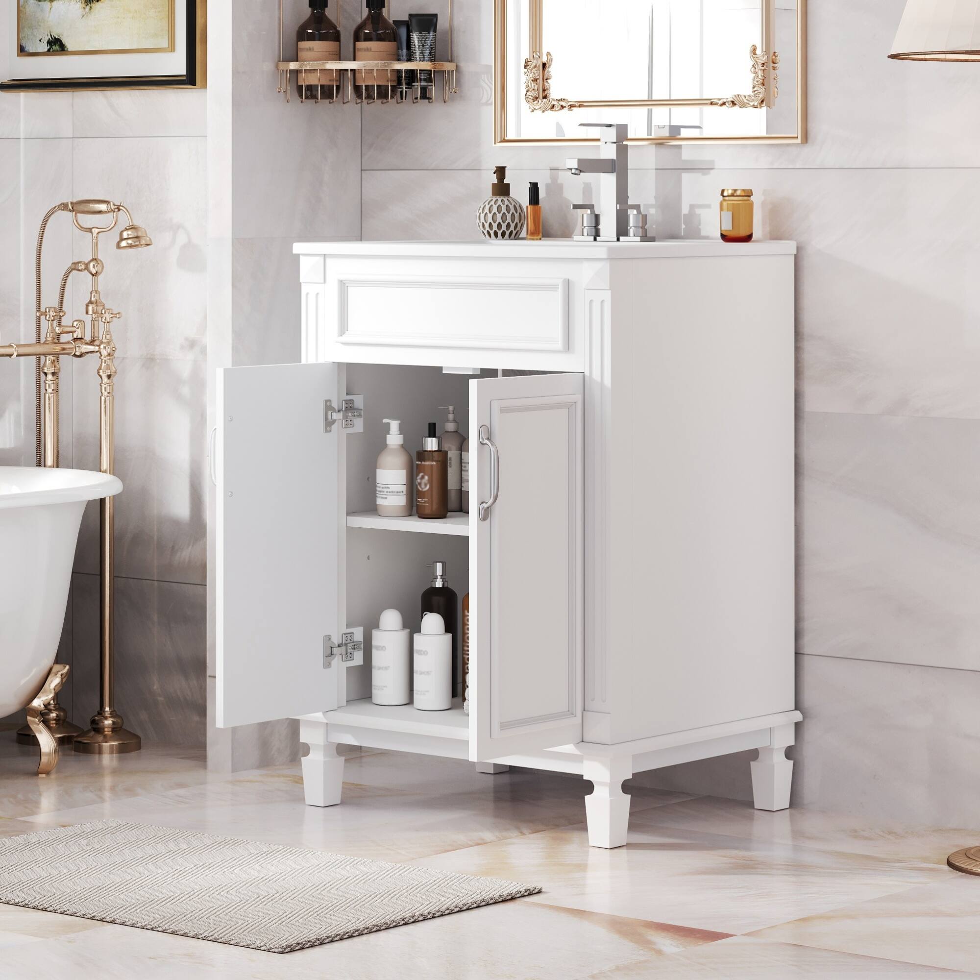 Left. ELEMENT ACE - Modern Bathroom Vanity with Ceramic Sink and Soft-Closing Doors, Solid Wood Frame Storage Cabinet - White.