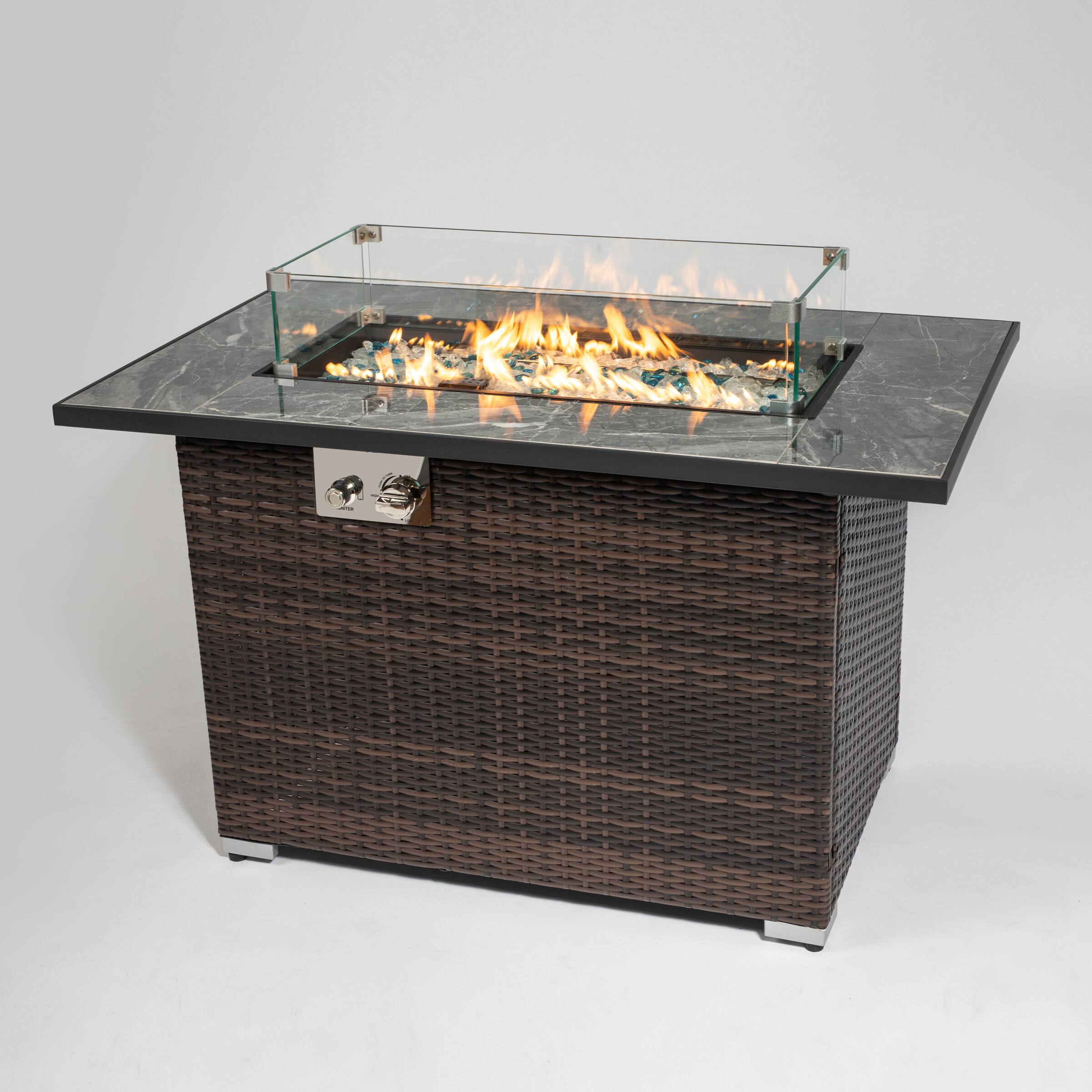 Dexmalle - Dexmalle-44" Propane Gas Fire Pit Table,Tile Tabletop-Wicker,Brown