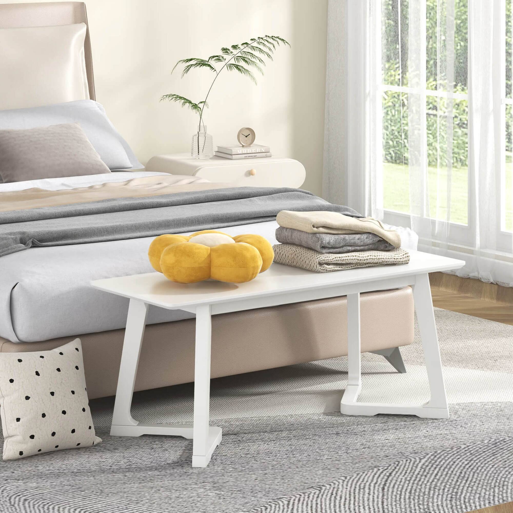 Angle. Costway - 1 PCS 42" Modern Entryway Bench with Rubber Wood Legs Smooth Seating Area Easy Assembly - White.