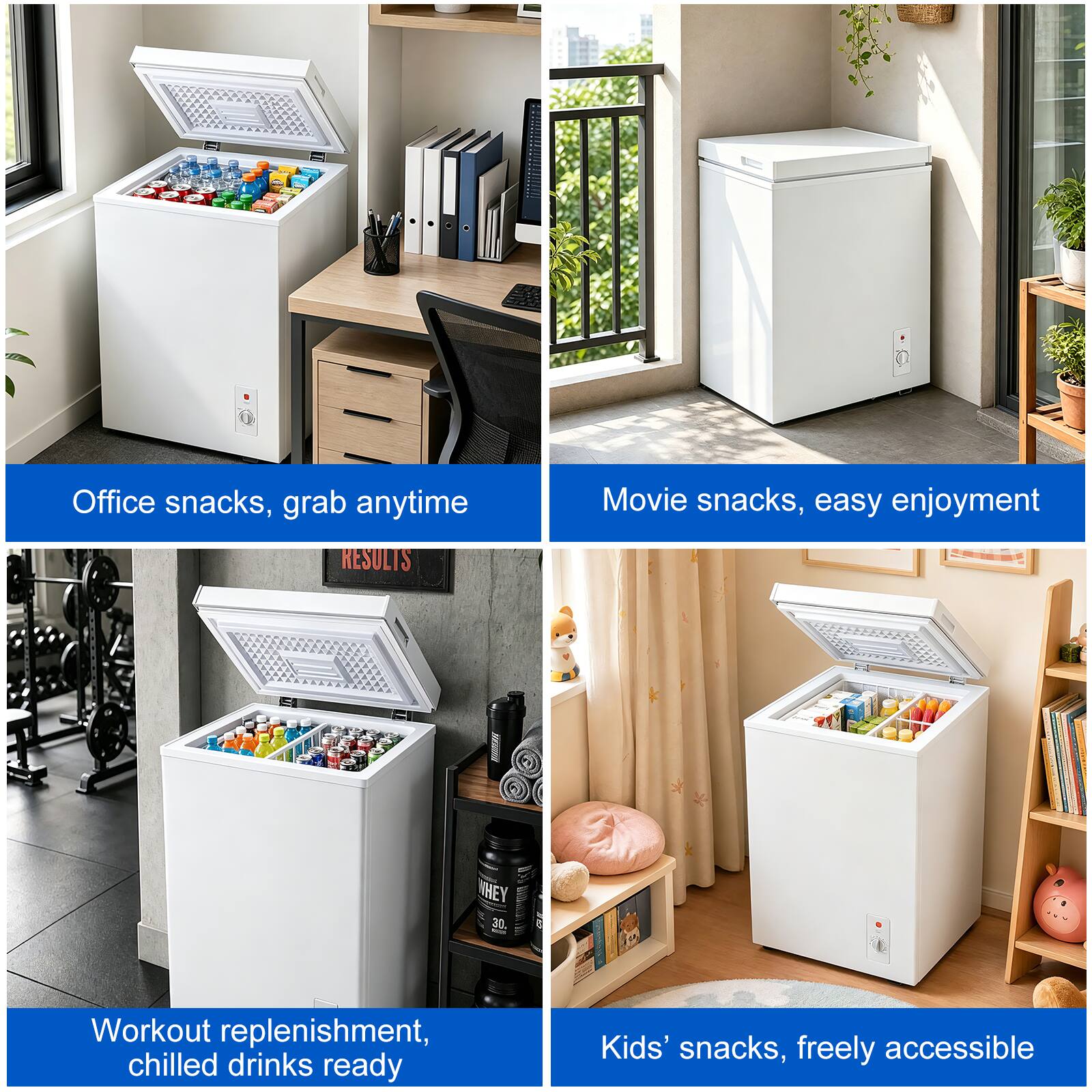 Office snacks, grab anytime  
Movie snacks, easy enjoyment  
Workout replenishment, chilled drinks ready  
Kids' snacks, freely accessible