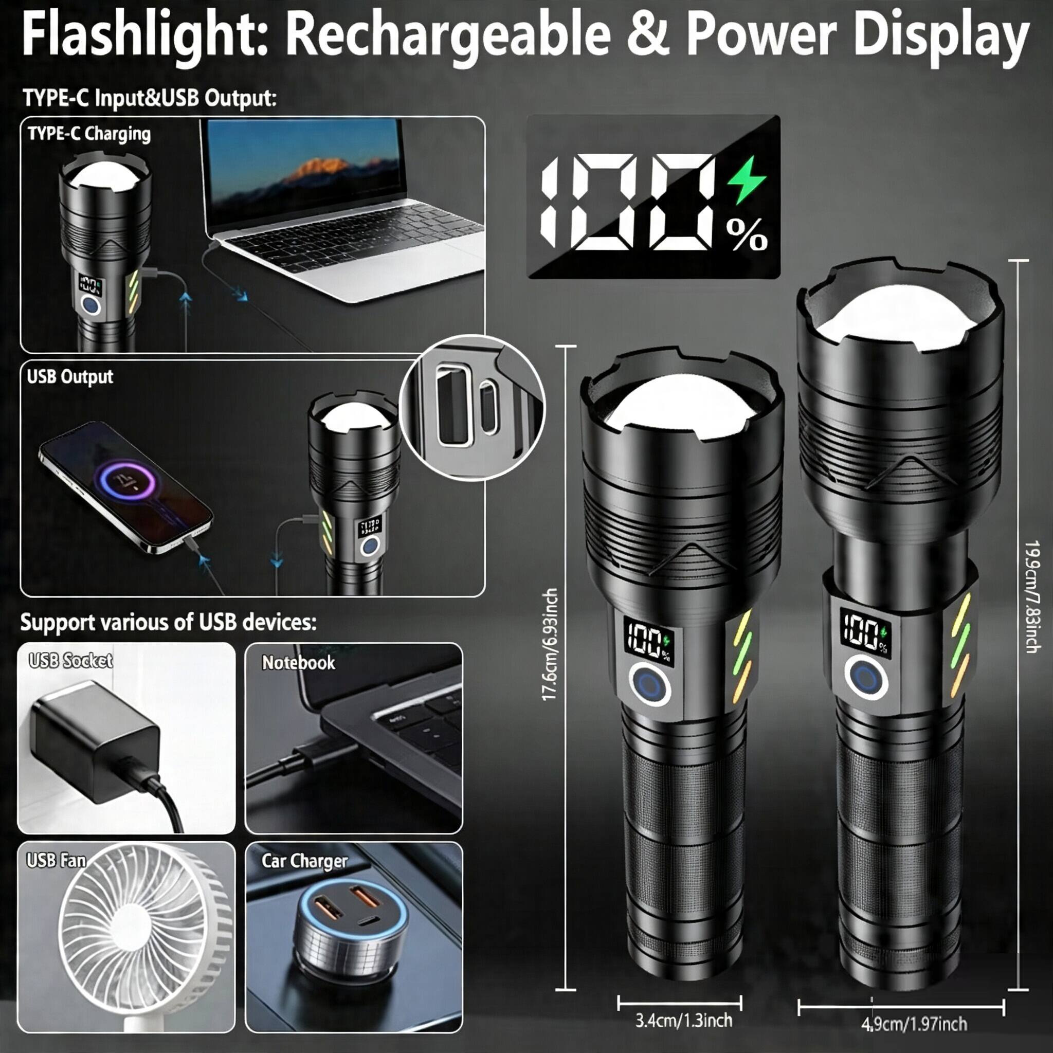 Flashlight: Rechargeable & Power Display

TYPE-C Input&USB Output:
- TYPE-C Charging
- USB Output

Support various of USB devices:
- USB Socket
- Notebook
- USB Fan
- Car Charger

Dimensions:
- 17.6cm/6.93inch
- 19.9cm/7.83inch
- 3.4cm/1.3inch
- 4.9cm/1.97inch