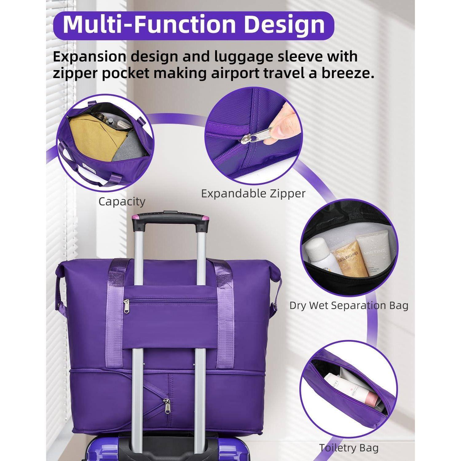 Multi-Function Design

Expansion design and luggage sleeve with zipper pocket making airport travel a breeze.

- Capacity
- Expandable Zipper
- Dry Wet Separation Bag
- Toiletry Bag