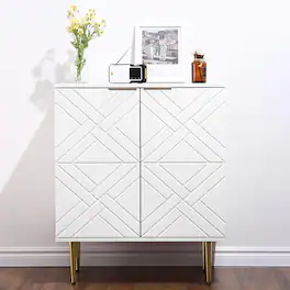 Acekool - Sideboard Storage Cabinet, Modern Accent Cabinet with 2 Decorative Embossed Pattern Doors - White