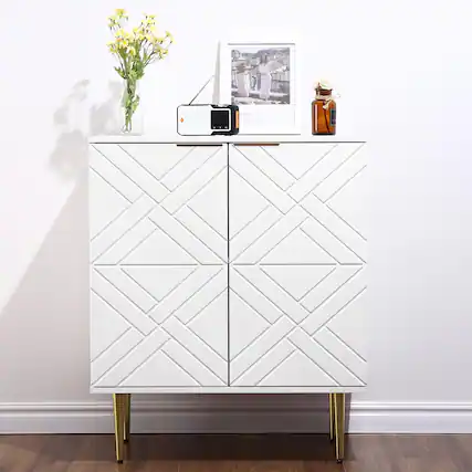 Front. Acekool - Sideboard Storage Cabinet, Modern Accent Cabinet with 2 Decorative Embossed Pattern Doors - White.