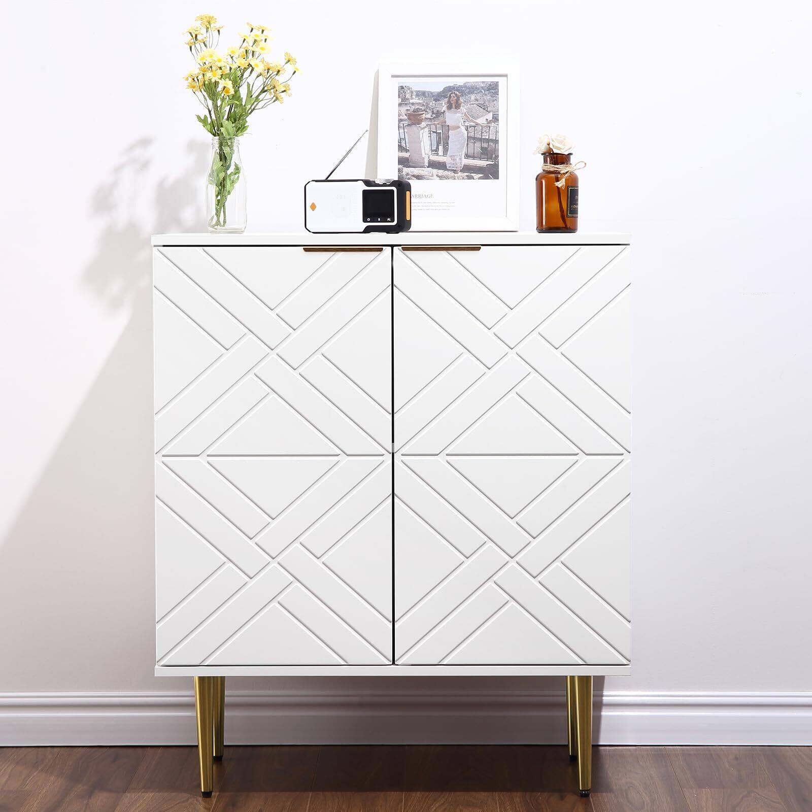 Front. Acekool - Sideboard Storage Cabinet, Modern Accent Cabinet with 2 Decorative Embossed Pattern Doors - White.