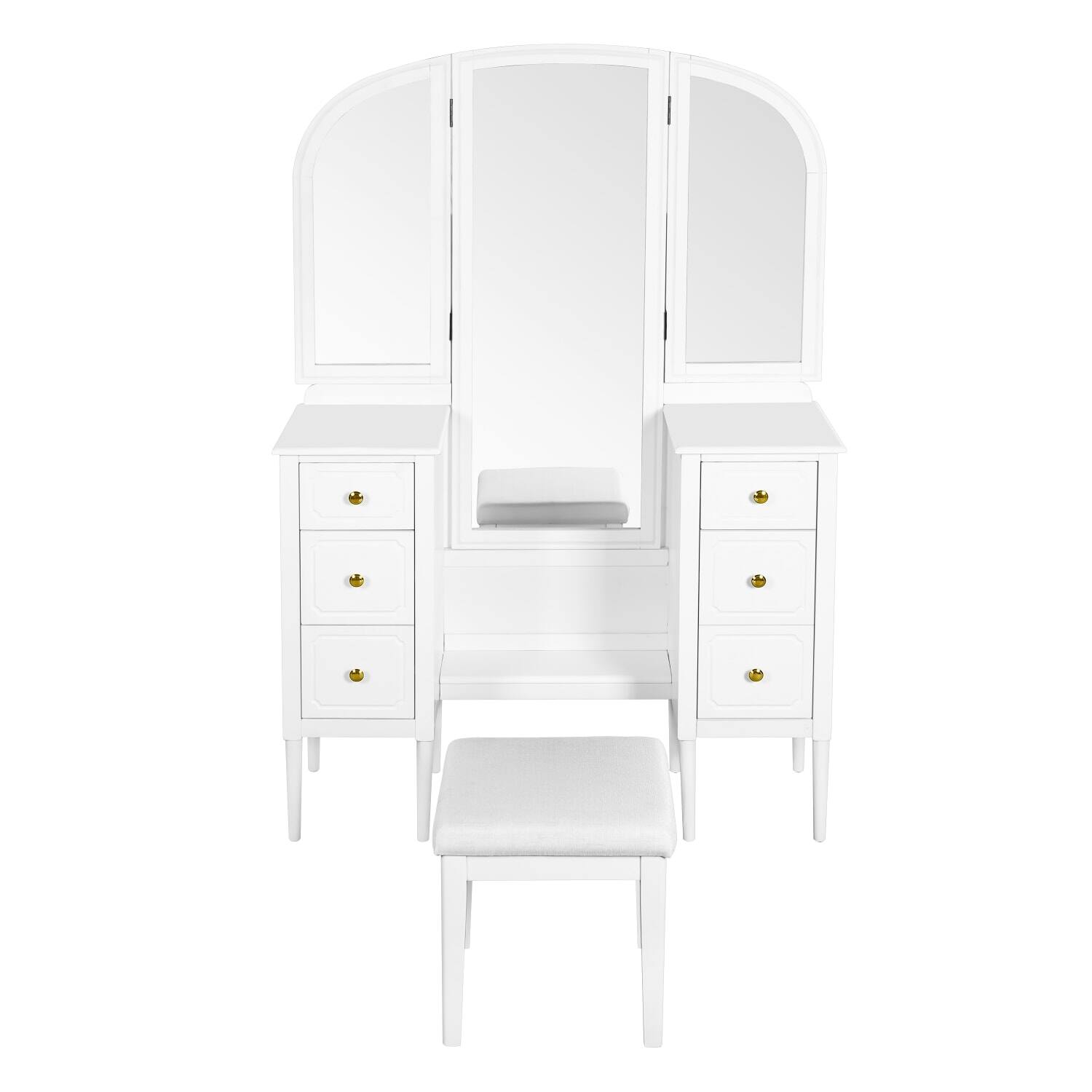 Left. Lirago - White Antique Wood Dressing Table with Triple Mirror  for Bedroom 16.3”D x 46.5”W x 68.75”H - White.