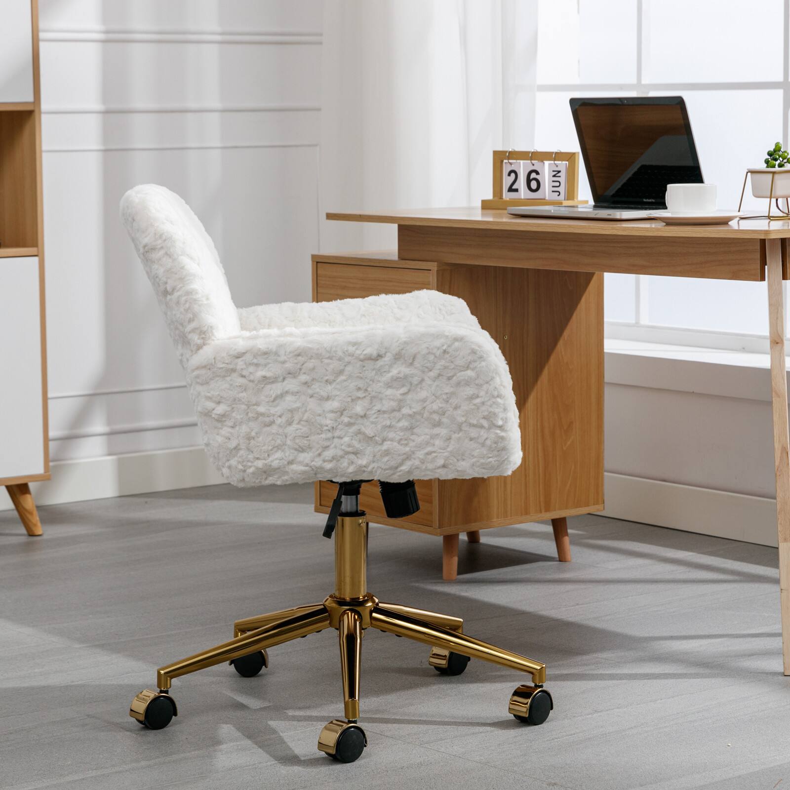 Back. Z-Edge - Modern Home Office Desk Chair with Golden Metal Base, Adjustable Height, 360 Degree Swivel, Smooth-Rolling Wheels - White.